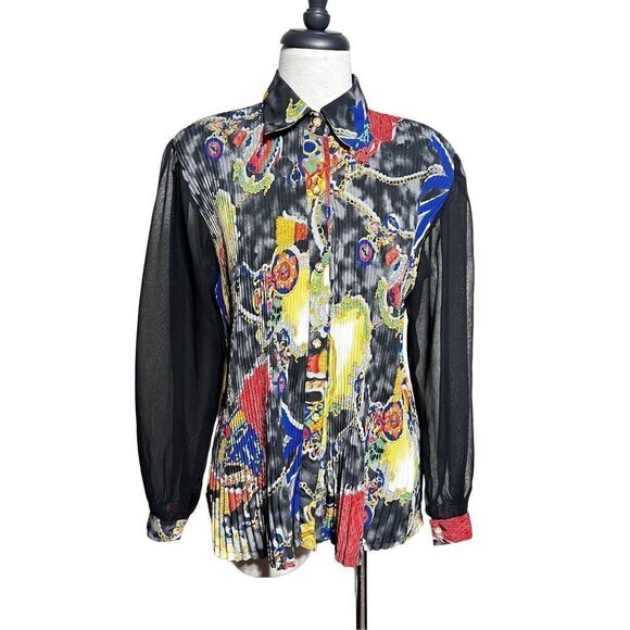 Vintage Viscanza Pleated Blouse Long Sheer Sleeves Size Large - Picture 1 of 5